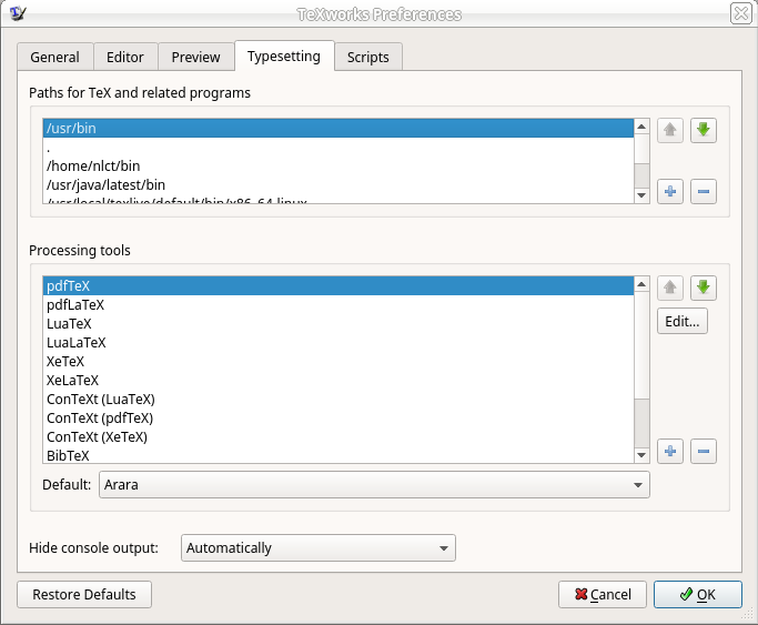image of Typesetting tab in texworks preferences window