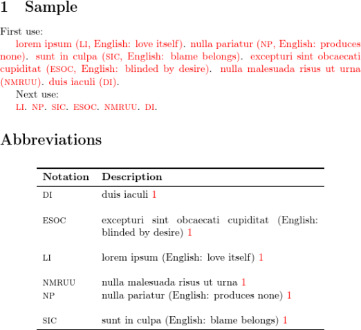 image of document containing a sample section and abbreviation list including translations in parentheses