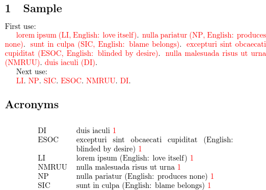 image of document containing a sample section and acronym list including translations in parentheses
