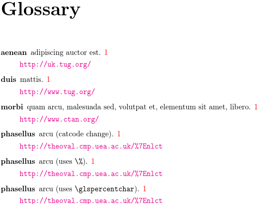 image of glossary with a URL on the line following the description and page number