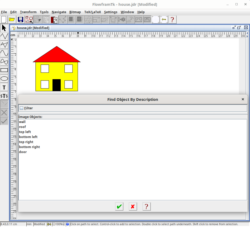 Screenshot of Find Dialog listing all objects by their description.