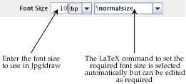 Annotated image of the font size field showing 10bp and the declaration selector showing \normalsize