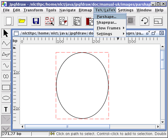 Screenshot of an ellipse in JpgfDraw with Parshape menu item showing.