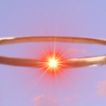 Golden circlet floating in the sky with flare coming from gem.
