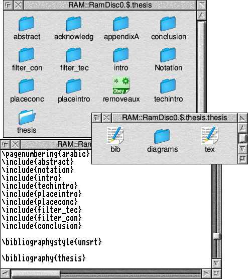 [Image: RISC OS filer windows and window showing LaTeX document source.]