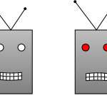 Image of two robot heads the first has a slightly smiling mouth and white eyes the second has slightly downturned mouth and red eyes