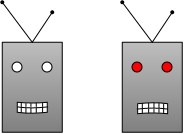 Image of two robot heads the first has a slightly smiling mouth and white eyes the second has slightly downturned mouth and red eyes