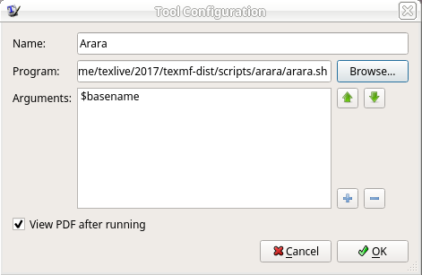 tool configuration dialog window setup for arara