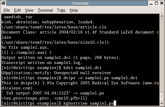 Image of terminal where user has typed command to
   load PostScript file into kghostview