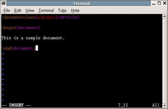 Image of a terminal with LaTeX code typed in vim