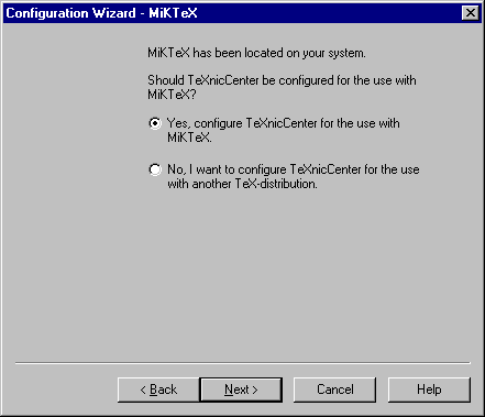Image of TeXnicCenter's configuration wizard: use
MiKTeX option selected